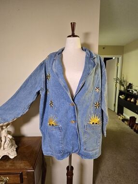 Celestial Sun Embroidered Denim Blazer